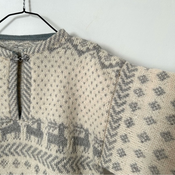 Vintage Norwegian Style Heavy Wool Knit Pullover Sweater Aprés-Ski Cream Grey M - Picture 4 of 12
